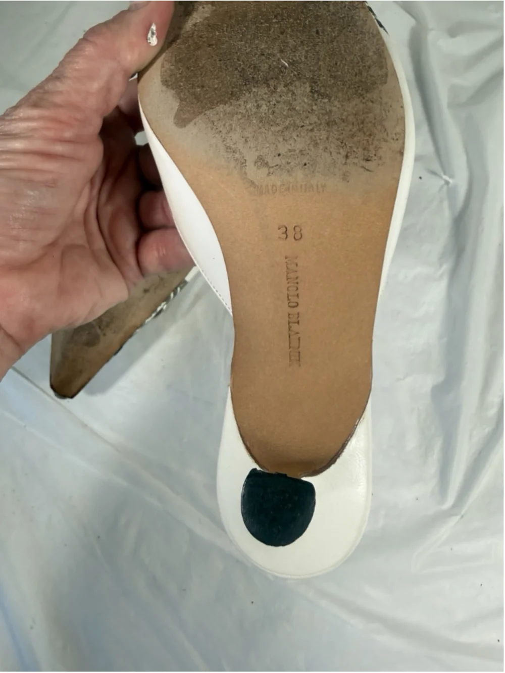 Manolo Blahnik Leather Mules White Graphic Print Crystals - Picture 4 of 14